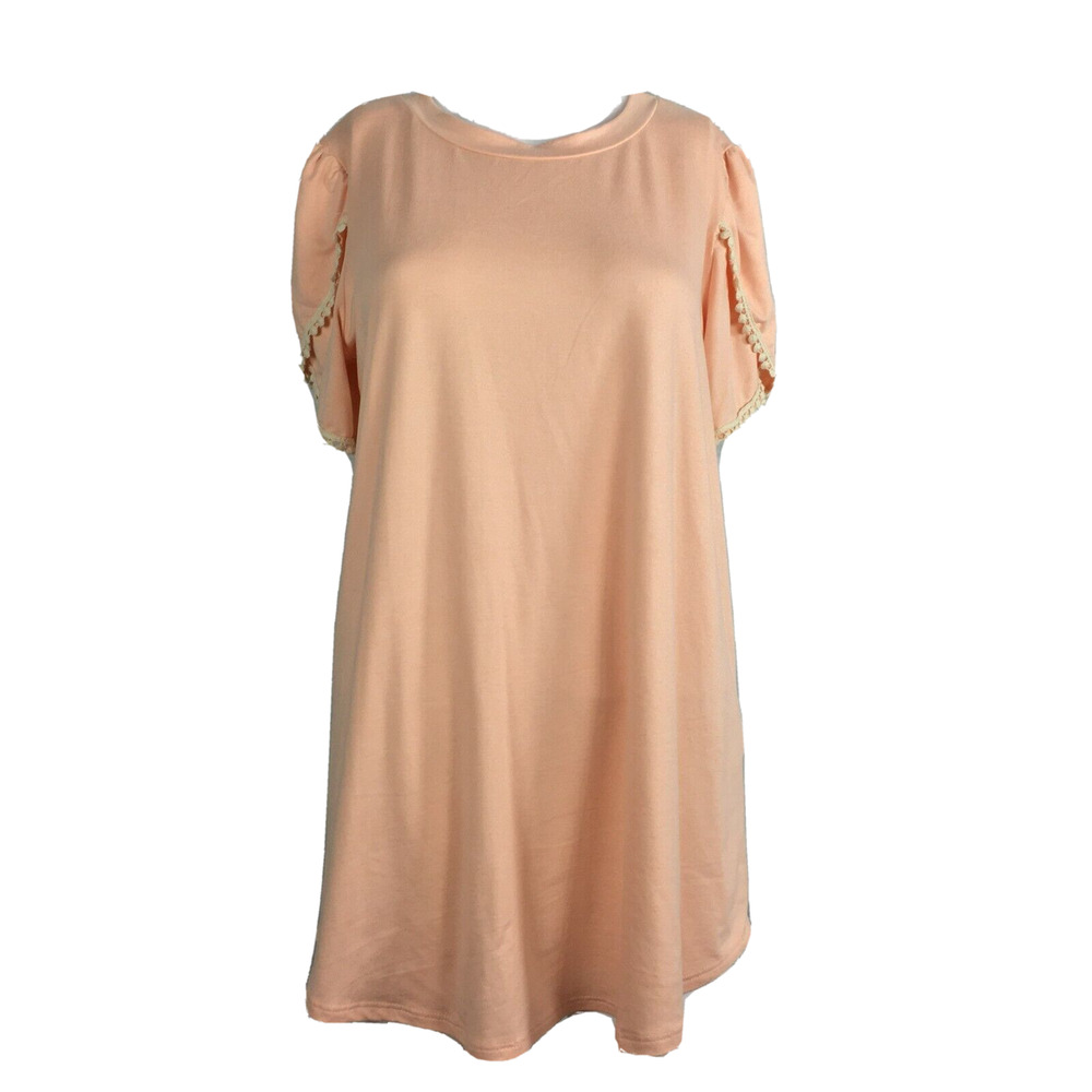 Reb in J 220 Shirt Womens Sz M Peach Flowy Short Sleeve Knit Tunic Top Lace Trim